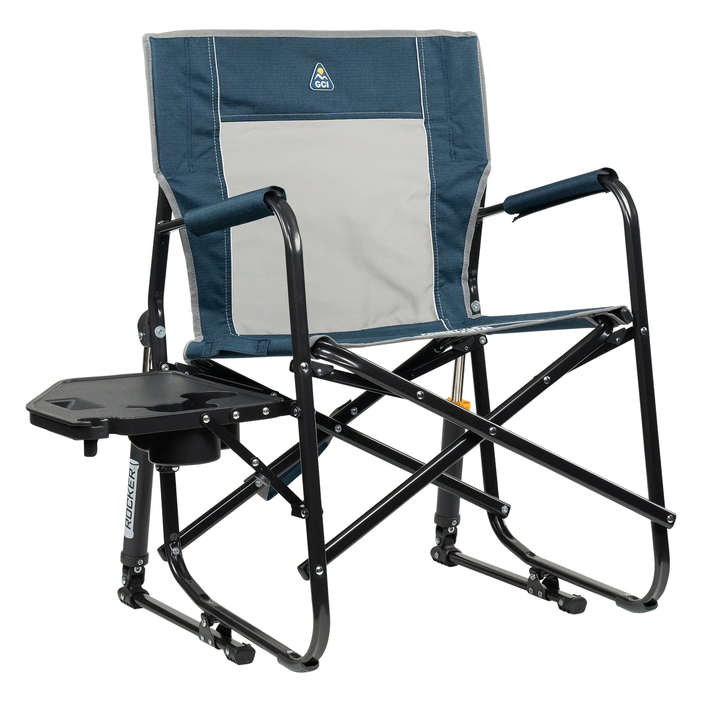 Foldable Freestyle Rocker with Side Table - Camp Rocker Chair for Fishing & Beach Trips - Heathered Indigo