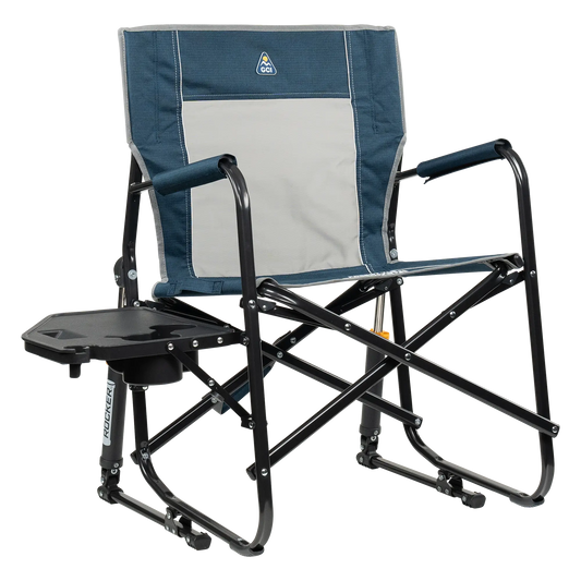 Foldable Freestyle Rocker with Side Table - Camp Rocker Chair for Fishing & Beach Trips - Heathered Indigo