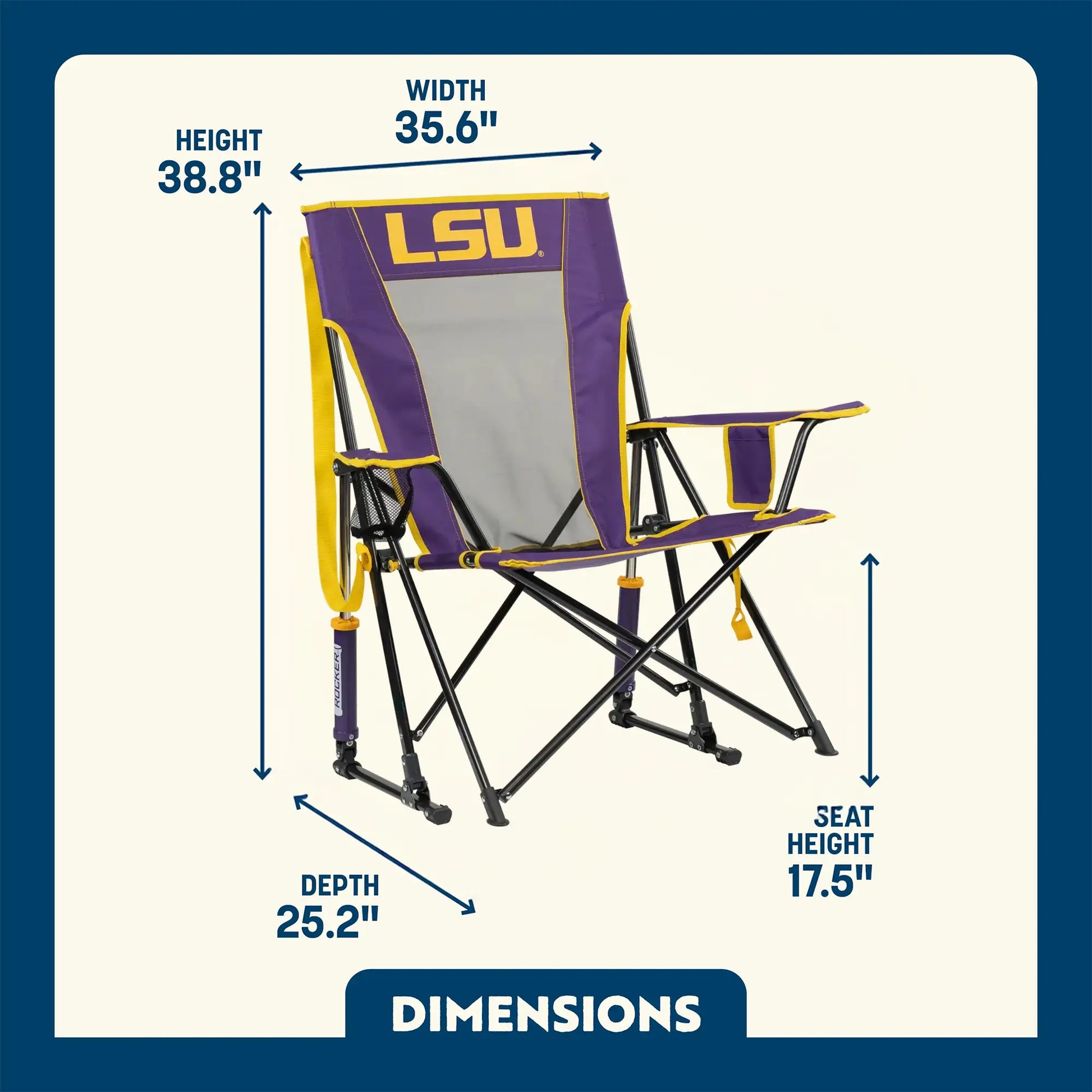 Premium All-Weather Comfort Pro Rocker - LSU Tigers - Folding Rocking Chair - Perfect for Tailgating Detail