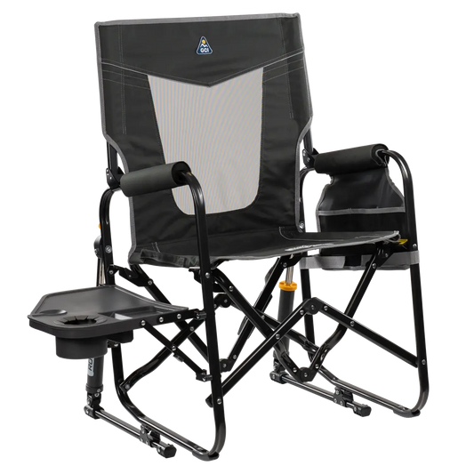 Ultra-Comfortable Stowaway Rocker with Side Table - Camp Rocker Chair for Fishing & Beach Trips - Dark Charcoal
